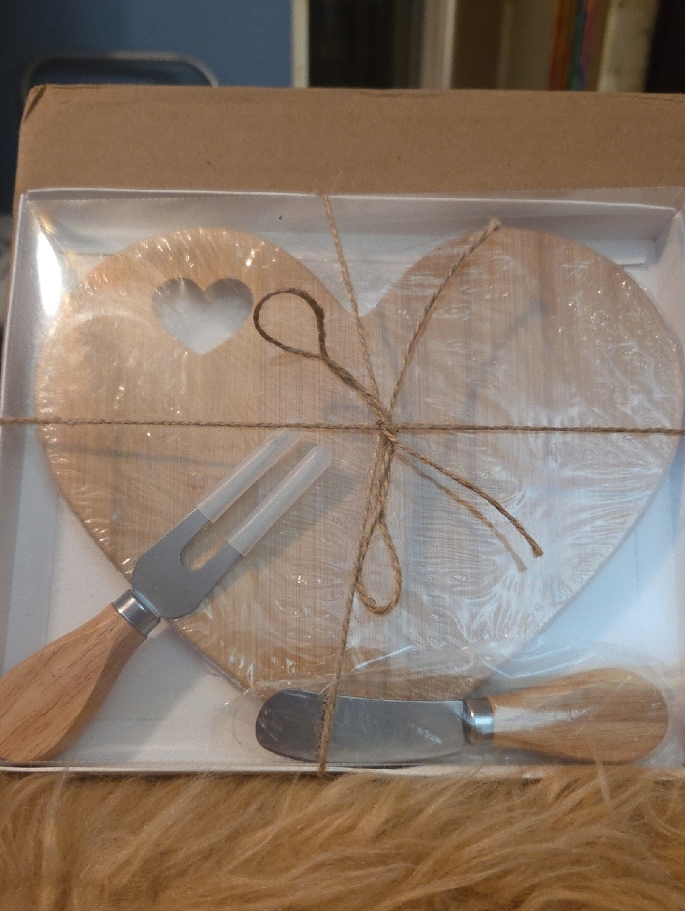 Heart Shaped Bamboo Cheese Board with Fork and Spreader - Natural Wood Gift Set